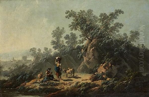 Bergers Au Repos Pres D'une Riviere (pair) - view 1