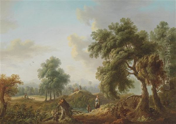 Baumbestandene Landschaft Mit Wanderern - view 1