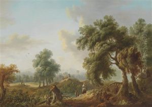 Baumbestandene Landschaft Mit Wanderern