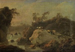 A Shepherd Tending His Flocks In A Hilly, River Landscape (+ Figures In A Landscape; Pair) by Jean-Baptiste Pillement
