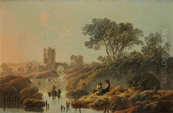 Bergers Au Repos Pres D'une Riviere (pair) - view 1