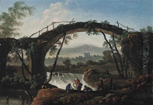 A River Landscape With Figures Watching A Cascade Near A Roman Bridge, A Villa Beyond - view 1