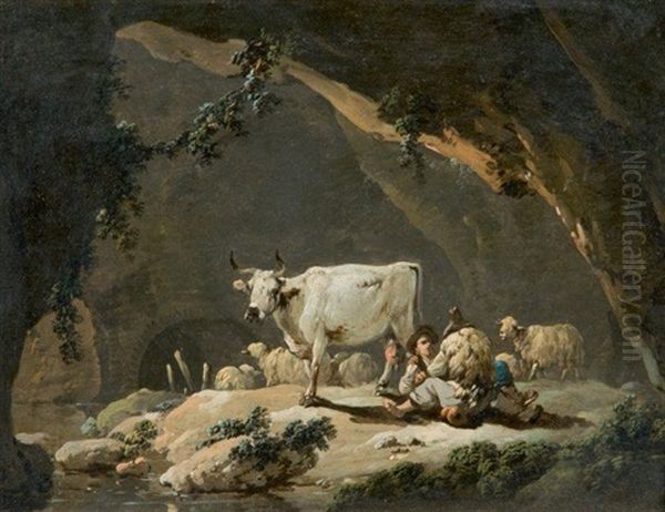 Bergers, Moutons Et Vache Dans Une Grotte - view 1