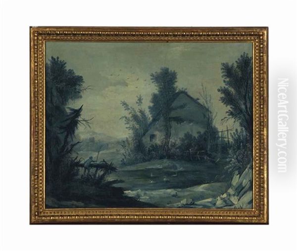 A Pastoral Landscape With A Cottage And Figure, In Blue Grisaille - view 1