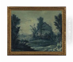A Pastoral Landscape With A Cottage And Figure, In Blue Grisaille by Jean-Baptiste Pillement