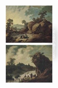 A Rocky Landscape With Shepherds At Rest (+ A Rocky River Landscape With Washerwomen Beside A Waterfall; Pair) by Jean-Baptiste Pillement