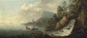 An Extensive River Landscape With Figures In Rowing Boats Near A Waterfall, A Town Beyond