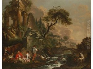 An Arcadian Landscape With Figures Resting Beside Italianate Ruins And A Cascading River by Jean-Baptiste Pillement