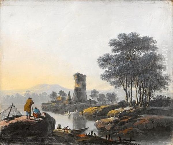 A River Landscape With Figures On The Bank And The Ruins Of A Tower In The Distance - view 1