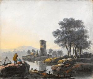 A River Landscape With Figures On The Bank And The Ruins Of A Tower In The Distance by Jean-Baptiste Pillement
