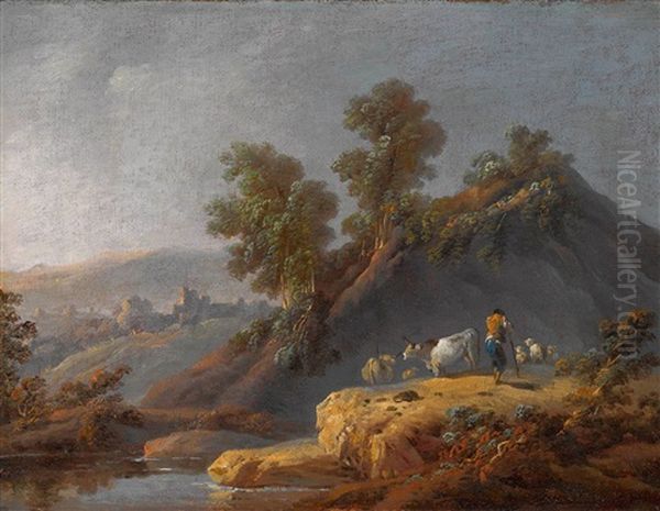 Hirte Mit Vieh In Flusslandschaft - view 1