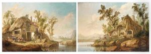 Chaumieres Au Bord D'une Piece D'eau (+ Another; Pair) by Jean-Baptiste Pillement