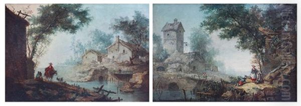 Paysage A La Riviere Avec Une Villageoise Sur Sa Mule (+ Paysage Au Pont Et Au Pigeonnier Avec Trois Jeunes Villageois Sur La Droite, Smllr; 2 Works) - view 1