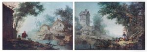 Paysage A La Riviere Avec Une Villageoise Sur Sa Mule (+ Paysage Au Pont Et Au Pigeonnier Avec Trois Jeunes Villageois Sur La Droite, Smllr; 2 Works)