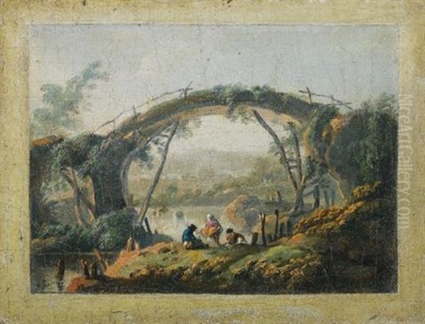 River Landscape With Figures Approaching A Bridge (+ Another; Pair) - view 1