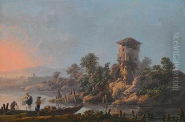 A River Landscape With A Ruined Tower And Fishermen With Their Nets In The Foreground - view 1