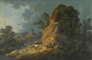 Landscape With A Herder And His Goats, Sheep, A Donkey, And A Cow, A Tower Beyond by Jean-Baptiste Pillement