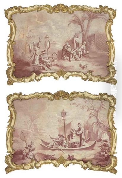 Chinoiserie Scene: Figures Playing Instruments In A Landscape (+ Chinoiserie Scene: Figures Fishing From A Boat; Pair) - view 1