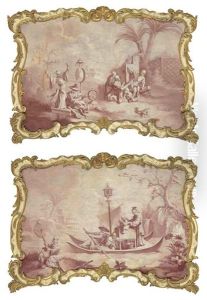 Chinoiserie Scene: Figures Playing Instruments In A Landscape (+ Chinoiserie Scene: Figures Fishing From A Boat; Pair) by Jean-Baptiste Pillement