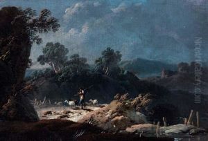 Paysage Aux Rochers (+ Paysage A La Riviere Avec Patre Au Repos; Pair) by Jean-Baptiste Pillement