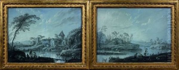 Repos De Paysans Et Pecheurs Dans Un Paysage De Riviere (+ Another; Pair) - view 1
