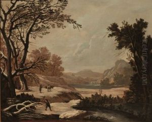 Paysage D'hiver Avec Un Bucheron Fendant Du Bois
