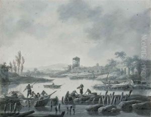 Pecheurs Remontant Leurs Filets Dans Des Barques Au Bord Du Rivage, Une Tour A L'arriere-plan