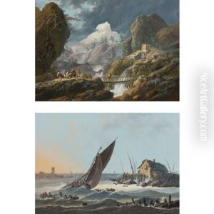 A Mountainous Landscape With Two Foot Bridges And Travelers (+ A View Of The Tagus, Portugal, With Ships And Boats In A Rough Sea; Pair)
