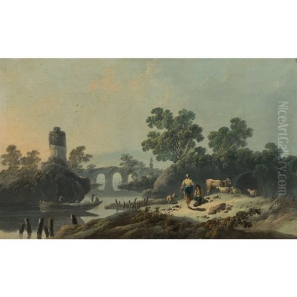 Rocky Landscape At Dawn With A Herdsman On A Path With His Livestock Conversing With A Figure On A Mule, A Stone Bridge And A Tower Beyond; (+ River Landscape At Dusk With Fishermen On A Boat And A Girl Carrying Firewood; Pair) - view 1