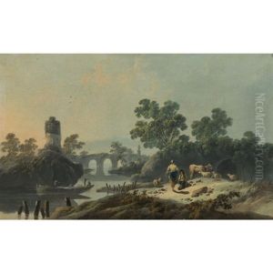 Rocky Landscape At Dawn With A Herdsman On A Path With His Livestock Conversing With A Figure On A Mule, A Stone Bridge And A Tower Beyond; (+ River Landscape At Dusk With Fishermen On A Boat And A Girl Carrying Firewood; Pair) by Jean-Baptiste Pillement