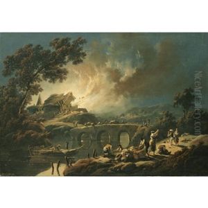 A River Landscape With Figures Fleeing A Burning Village