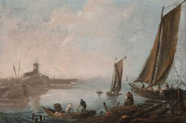 Pecheurs Dans Une Barque Et Un Bateau Devant Un Rivage Rocheux - view 1