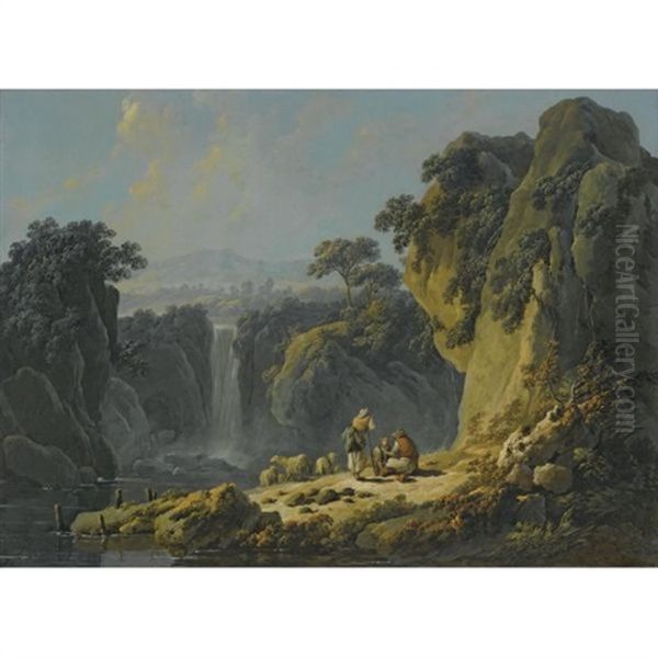 A Landscape With Peasants Resting Their Flock Beside A Waterfall - view 1