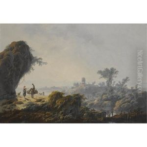 An Extensive Fluvial Landscape With Herders And Their Flock On A Path by Jean-Baptiste Pillement