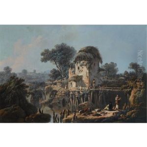A Southern Landscape With Fishermen Near A Stone House Beside A River by Jean-Baptiste Pillement