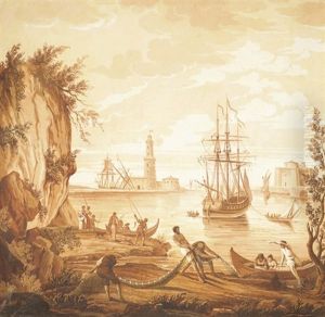 A Mediterranean Coastal Harbour by Jean-Baptiste Pillement
