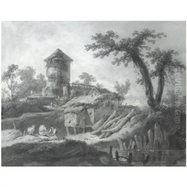 A Pastoral Landscape With Shepherds Resting By A River And Farm Buildings Beyond - view 1