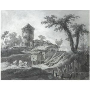 A Pastoral Landscape With Shepherds Resting By A River And Farm Buildings Beyond by Jean-Baptiste Pillement