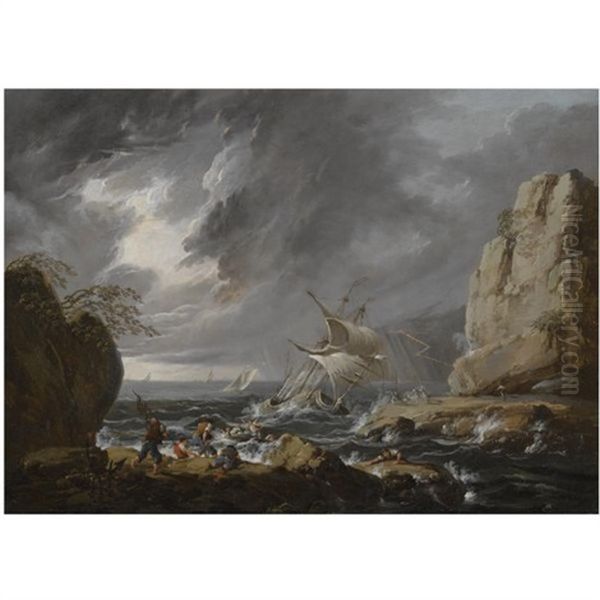 A Stormy Coastal Landscape With A Ship Running Aground - view 1