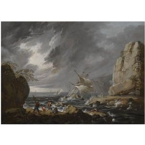 A Stormy Coastal Landscape With A Ship Running Aground by Jean-Baptiste Pillement