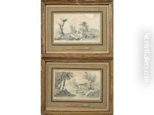 Paysage Aux Lavandieres (+ Paysage Aux Ruines; Pair) by Jean-Baptiste Pillement