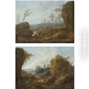 An Extensive River Landscape With A Waterfall And A Peasant Couple With A Dog In The Foreground ( Pair)