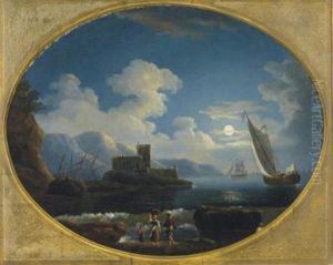 View Of A Mediterranean Harbor Under The Moonlight by Jean-Baptiste Pillement