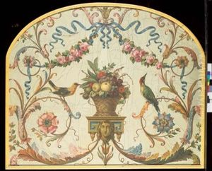 Corbeille De Fruits Entouree De Guirlandes De Fleurs, De Rubans Et D'oiseaux
