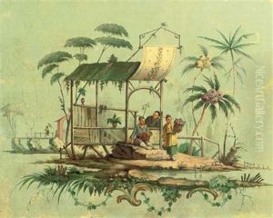Chinoiserie - Figures Holding Baskets With Fruit Underneath A Pergola