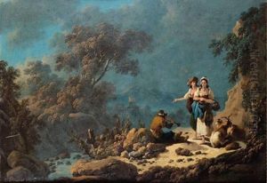 Bergere Ecoutant Un Berger Musicien Devant Un Paysage De Riviere Au Portugal by Jean-Baptiste Pillement