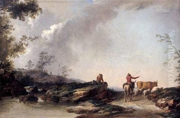 Berger Et Son Troupeau Sur Un Chemin Le Long D'une Riviere - view 1
