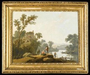 A River Landscape With Fishermen, A Ruin On A Hill Beyond