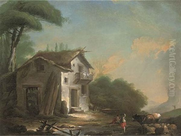 A River Landscape With Drovers And Their Cattle Before A Cottage - view 1