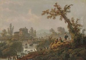 Shepherds Resting On A Bluff, A Mill And A Village Beyond